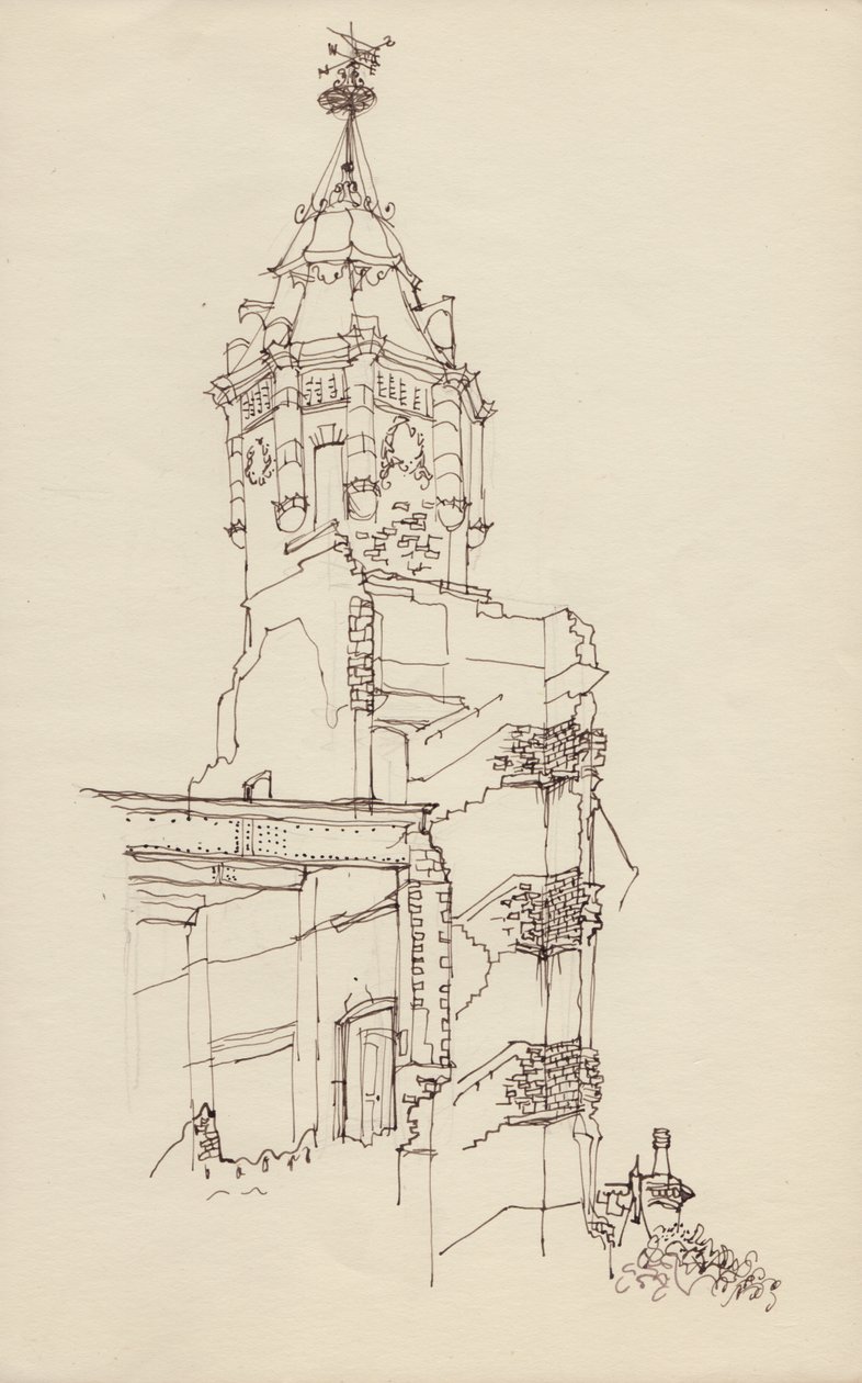खंडहर हो चुकी इमारत का बुर्ज, c1950। द्वारा शर्ली मार्खम