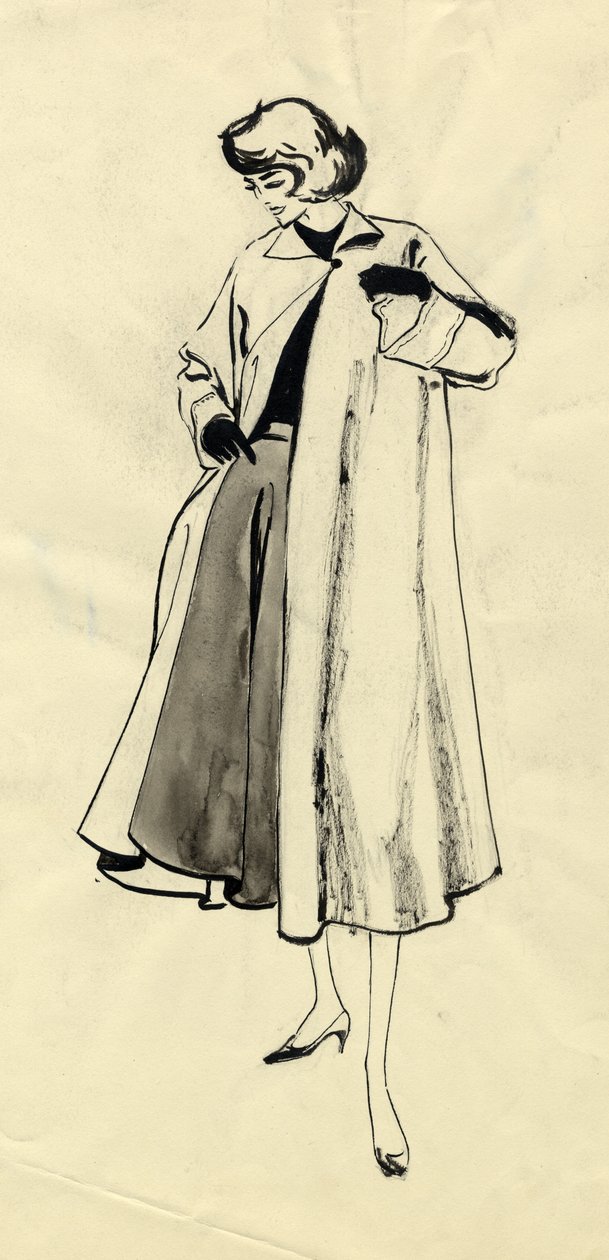 कोट और फुल स्कर्ट में महिला, c1950। द्वारा शर्ली मार्खम