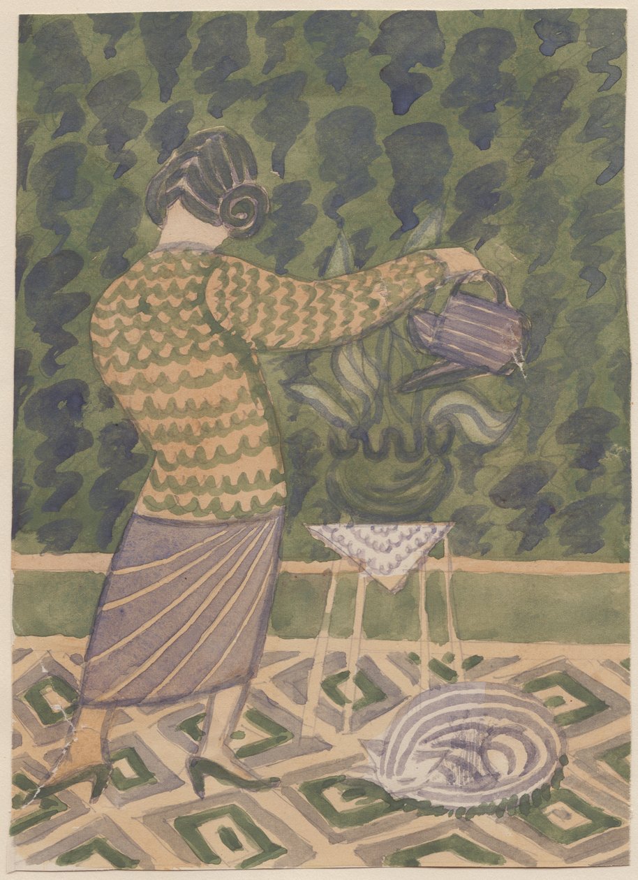 पौधों को पानी देती महिला, c1951। द्वारा शर्ली मार्खम