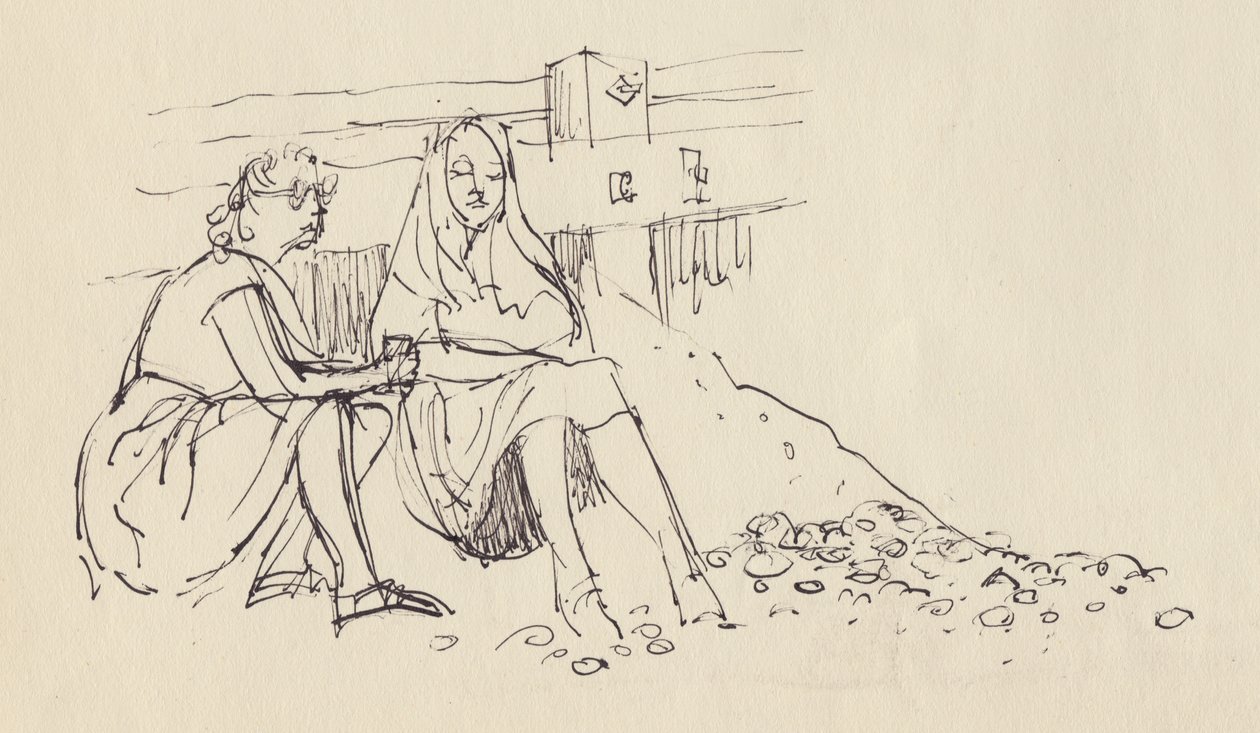 समुद्र तट पर महिलाएँ, इंग्लैंड के दक्षिणी तट, c1950। द्वारा शर्ली मार्खम