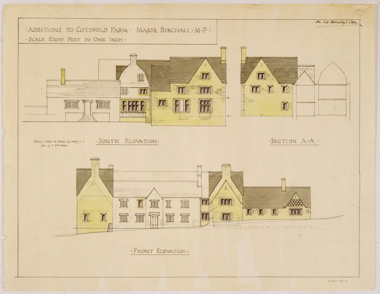 Cotswold Farm में परिवर्धन: दक्षिण और सामने की ऊँचाई, c.1925 (कागज पर प्रिंट और wc) द्वारा सिडनी बार्न्सले