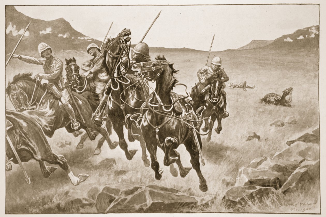 गौंटलेट चलाना: क्रॉस फायर के तहत एक लांसर गश्ती, &39;उन्नीसवीं शताब्दी की लड़ाई, वॉल्यूम से चित्रण। VI: 1899-1900 का बोअर युद्ध &39;आर्चीबाल्ड फोर्ब्स, जीए हेंटी और मेजर आर्थर ग्रिफ द्वारा द्वारा सिडनी पगेट