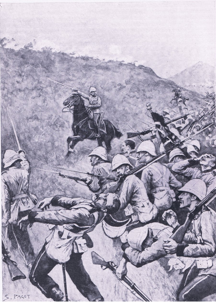 लैंग्स नेक, 28 जनवरी 1881 (प्रथम बोअर वार), लैंड और सी, 1915 पर ब्रिटिश लड़ाइयों से चित्र द्वारा सिडनी पगेट