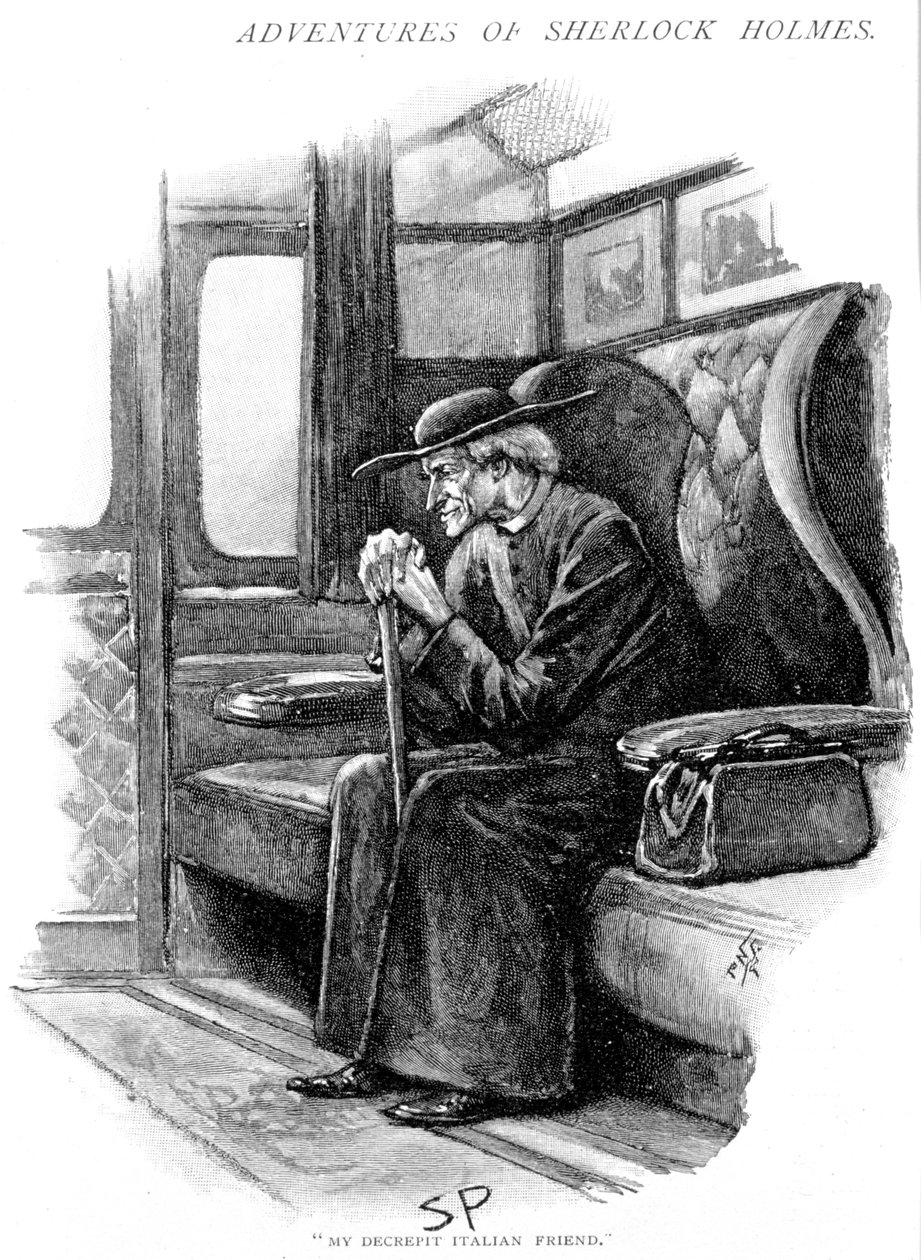 1893 में आर्थर कॉनन डॉयल द्वारा एडवेंचर ऑफ़ द फाइनल प्रॉब्लम का दृश्य द्वारा सिडनी पगेट