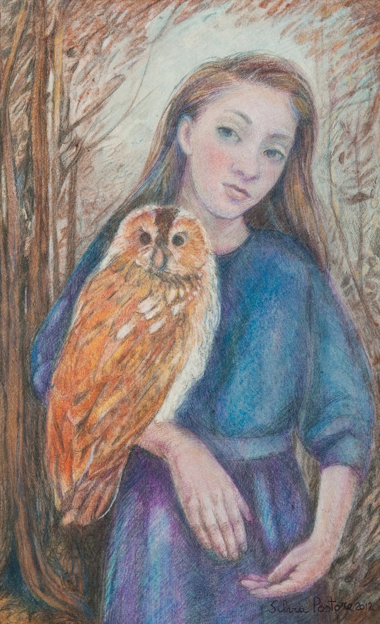 लड़की के साथ उल्लू, 2012 (wc & pastel on paper) द्वारा सिल्विया पादरी