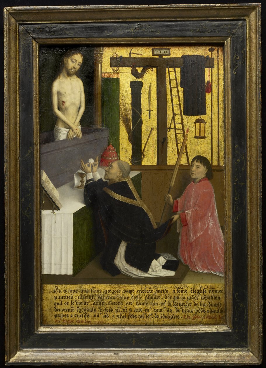 सेंट ग्रेगरी का द्रव्यमान, c.1460-65 (लकड़ी के पैनल पर तेल और सोने की पत्ती) द्वारा साइमन मर्मियन