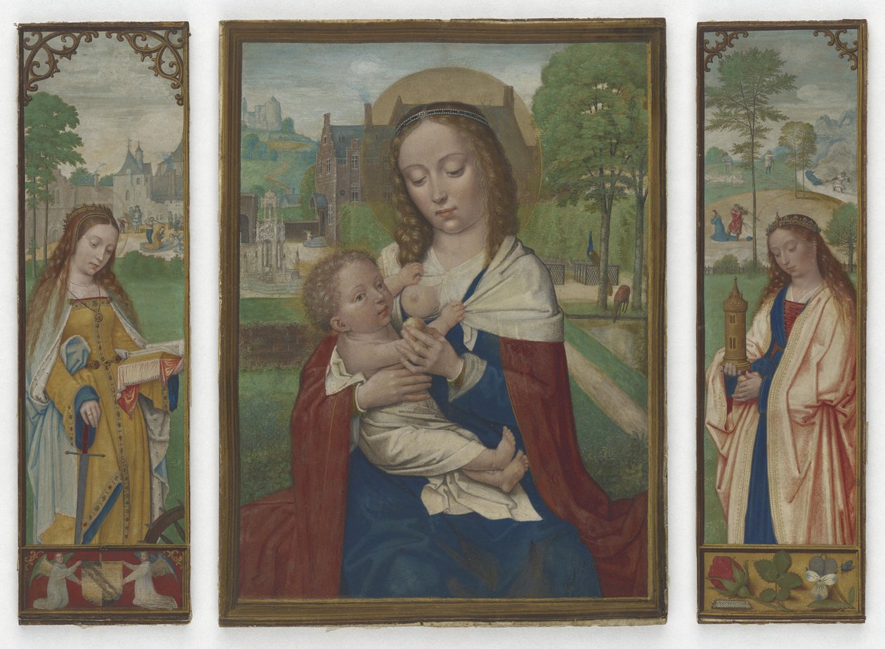 वर्जिन और बाल; संन्यासी कैथरीन और बारबरा, c.1520 (वेल्लम पर तड़का) द्वारा साइमन बेनिंग