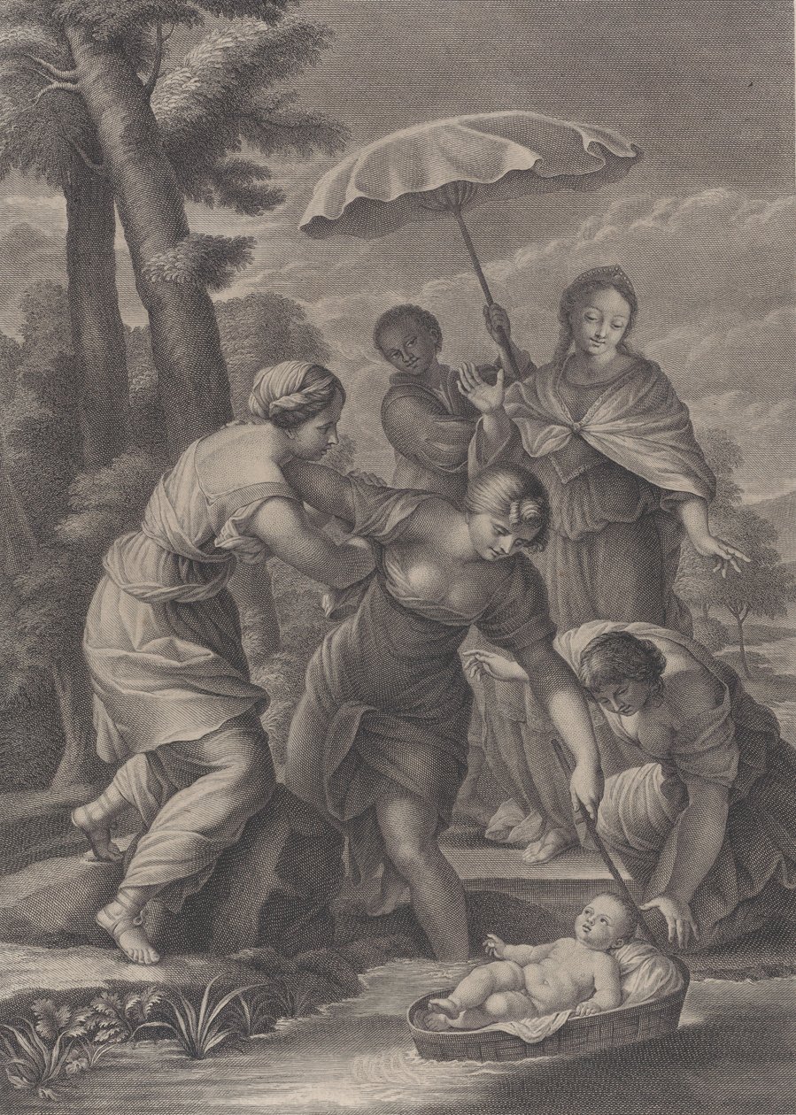 शिशु मोसेस को पानी से टोकरी में खींचती हुई तीन महिलाएं, ca. 1729. द्वारा साइमन वैली