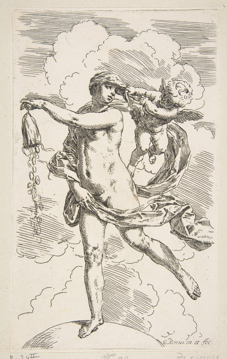 फॉर्च्यून सिक्कों का एक पर्स खाली करने के लिए एक ग्लोब पर खड़ा है, ca. 1635-1636। द्वारा सिमोन कैंटरिनि