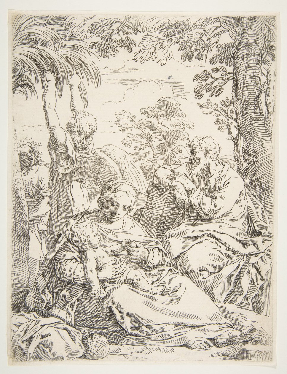 मिस्र में अपनी उड़ान पर आराम करने वाले पवित्र परिवार, ca. 1637-1639। द्वारा सिमोन कैंटरिनि