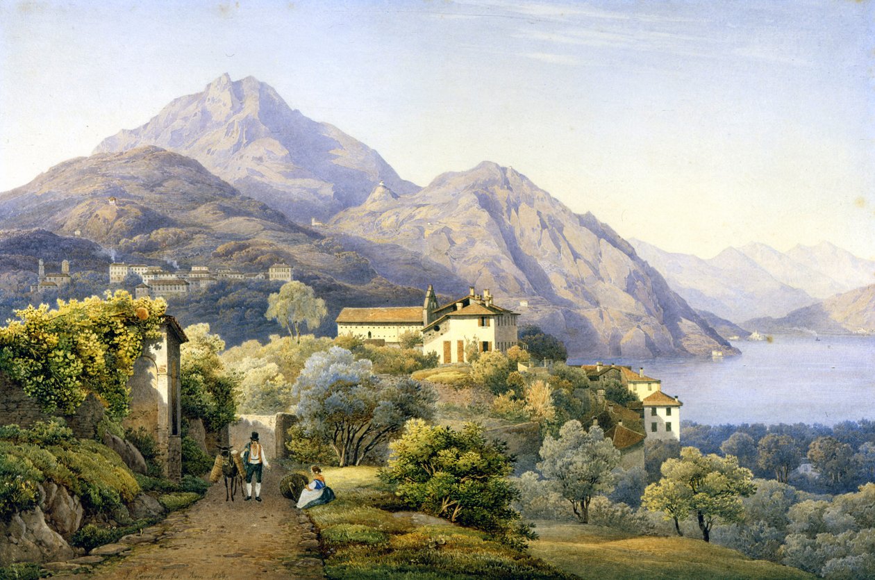 कोमो। मेनागियो। लोवेनो और माउंट ग्रोमा। 1840. एस. कोरोडी द्वारा पेंटिंग। मेनागियो, कोमो। . द्वारा सोलोमन कोरोडी