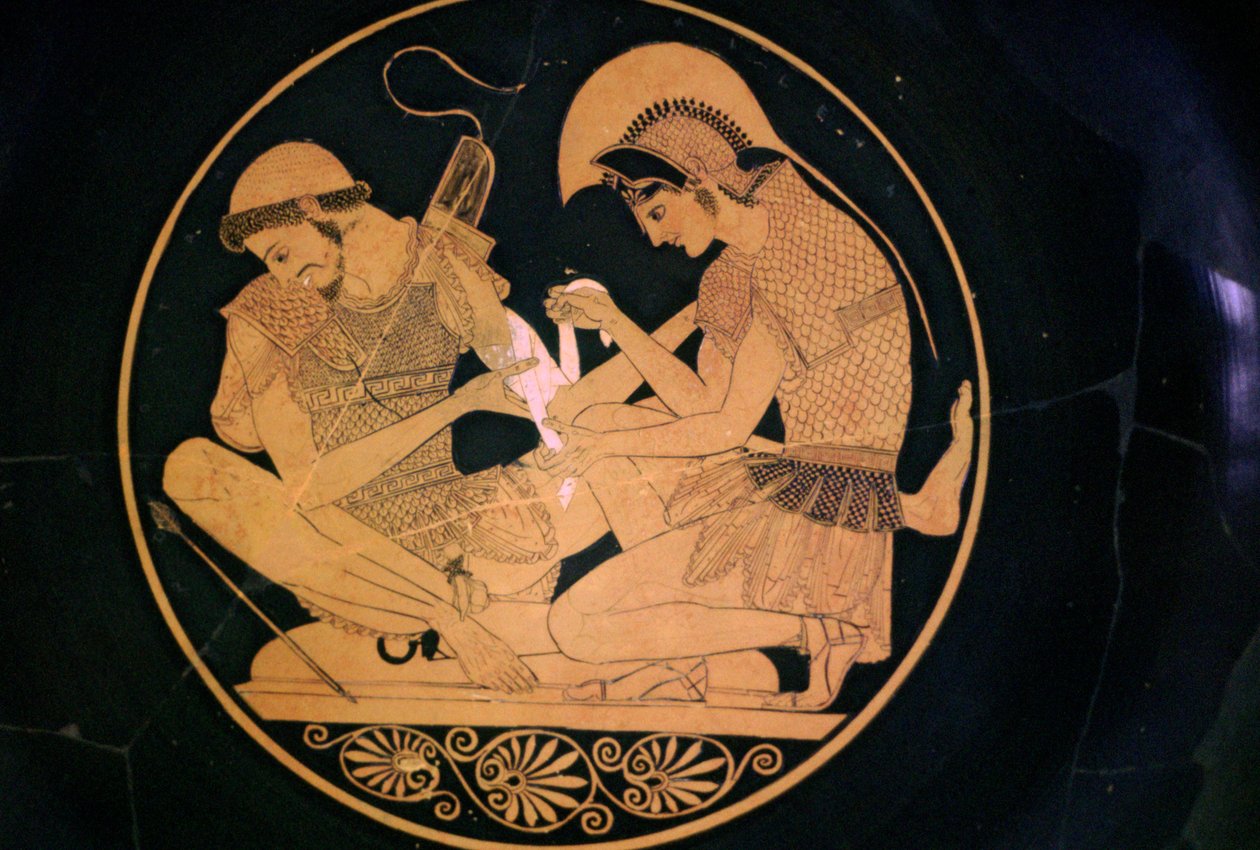 Achilles और Patroclus की ग्रीक फूलदान पेंटिंग द्वारा सोसियास