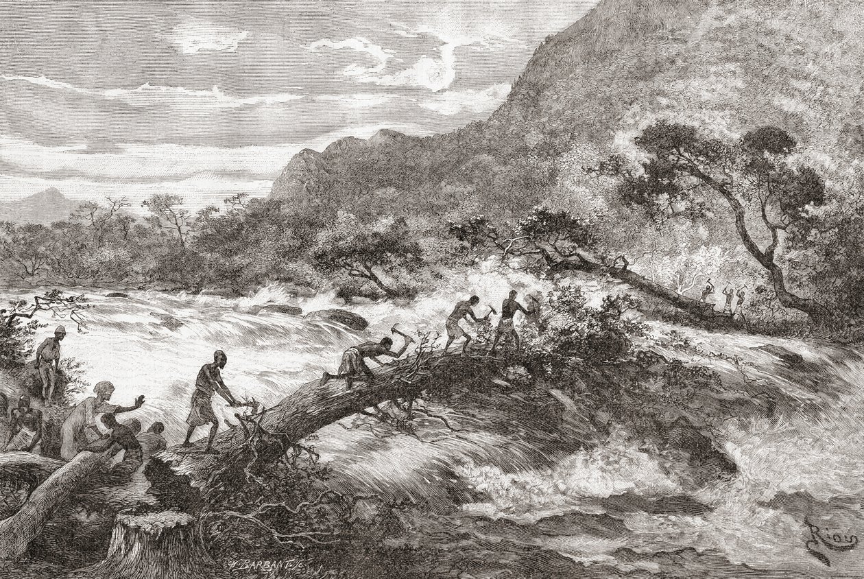 मध्य अफ्रीका का एक तात्कालिक पुल, &39;अफ्रीका पिंटोरसका&39; से, 1888 में प्रकाशित हुआ द्वारा स्पेनिश स्कूल