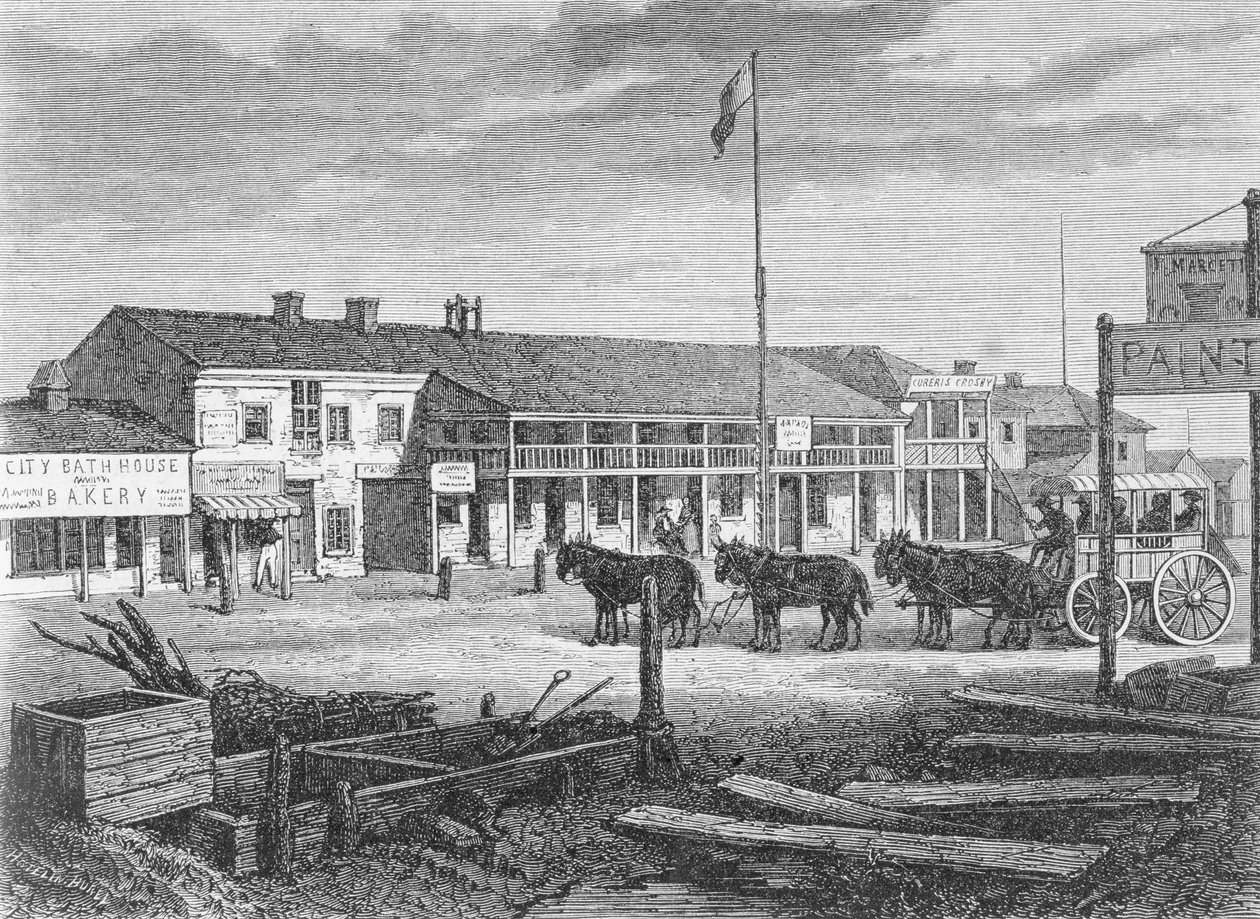 साल्ट लेक सिटी की मुख्य सड़क, 1860 के दशक में, मैड्रिड, स्कॉटलैंड में प्रकाशित &39;ला वुएल्टा अल मुंडो&39; से, यूटा, द्वारा स्पेनिश स्कूल