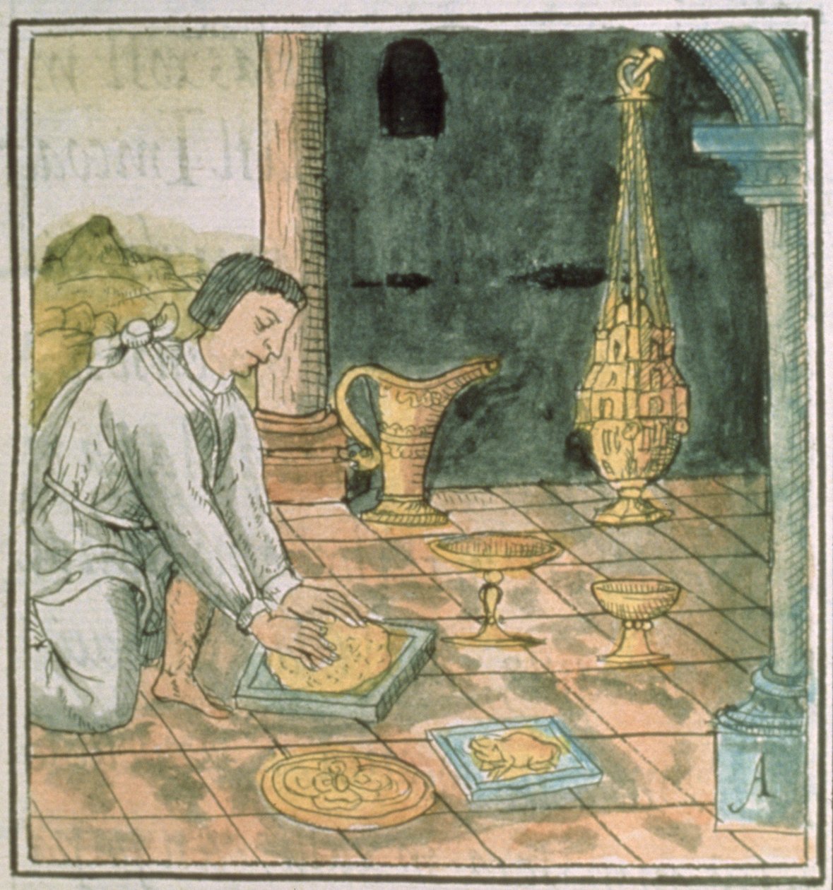 सुश्री पालत। बर्नार्डिनो डी सहगुन, सी। 1540-85 द्वारा &39;फ्लोरेंटाइन कोडेक्स&39; से एज़्टेक दुकान में 218-220 बुक IX गोल्ड ऑब्जेक्ट द्वारा स्पेनिश स्कूल