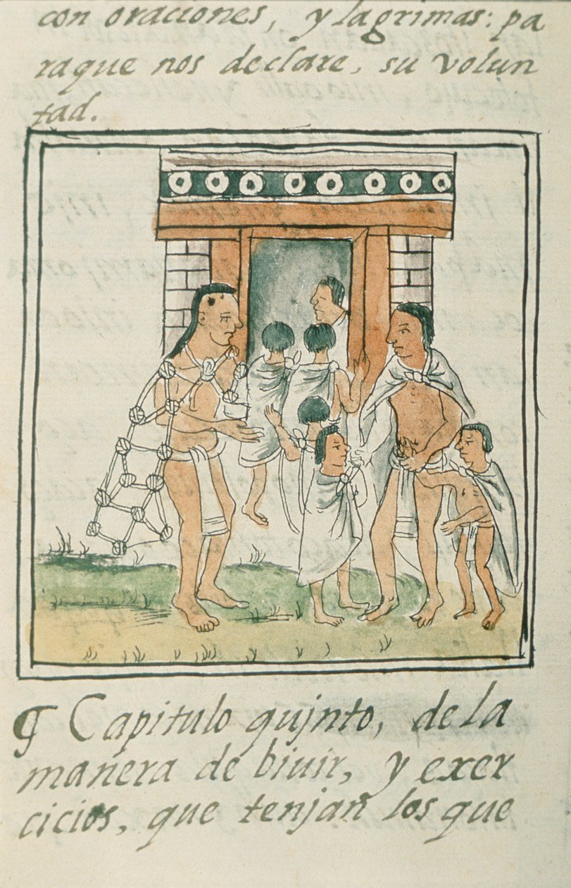 सुश्री पालत। 218-220 बुक IX युवा बच्चों को बर्नार्डिनो डी सहगुन, सी। 1540-85 द्वारा &39;फ्लोरेंटाइन कोडेक्स&39; से एक घर में प्रवेश करते हुए द्वारा स्पेनिश स्कूल