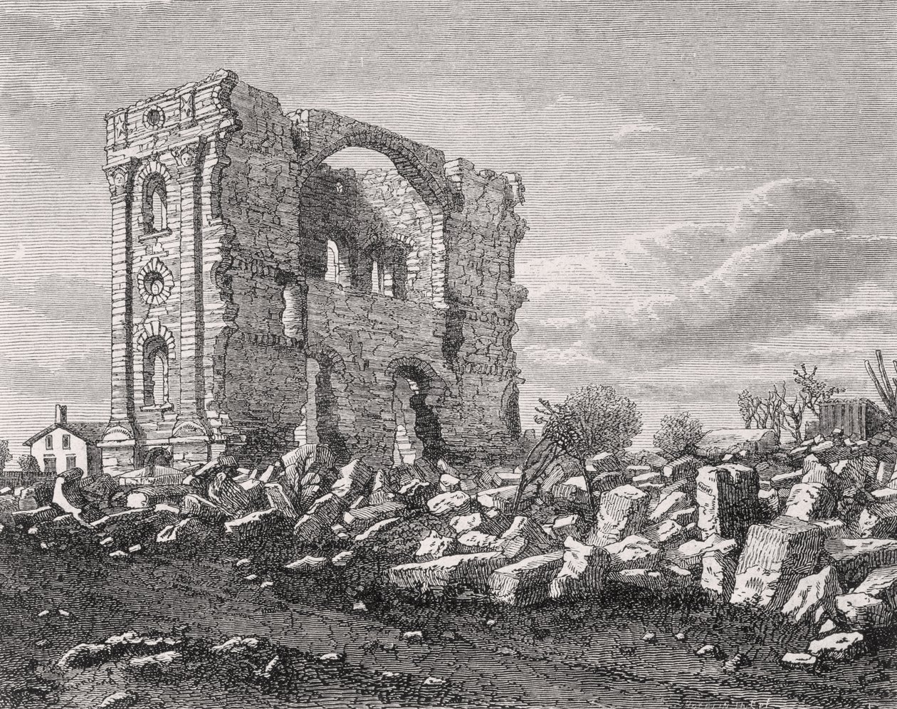 1850 में मैरॉन टेम्पल, नौवू, इलिनोइस के खंडहर, मैड्रिड, 1865 में प्रकाशित &39;ला वुल्टा अल मुंडो&39; से द्वारा स्पेनिश स्कूल