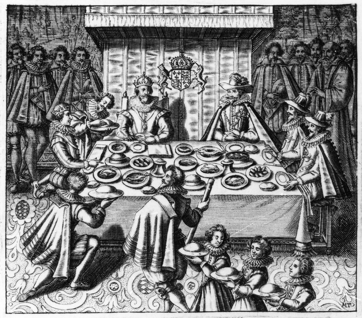 स्पैनिश राजदूत इंग्लैंड के राजा जेम्स I के साथ भोजन करता है, c.1620-25 द्वारा स्पेनिश स्कूल