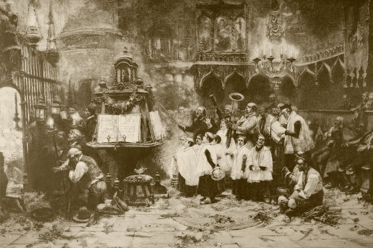 एम। वेबर द्वारा उत्कीर्ण जे। बेनलीयर की एक पेंटिंग के बाद का उच्च द्रव्यमान, &39;एल्बम आर्टिस्टिको&39; से प्रकाशित हुआ, c.1890 द्वारा स्पेनिश स्कूल