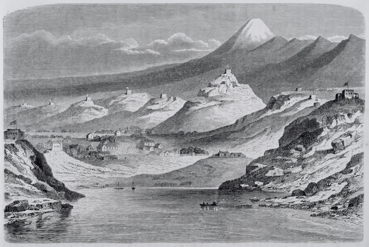न्यू प्लायमाउथ और माउंट एंगमॉन्ट का दृश्य, द रिटर्न टू द वर्ल्ड, 1865 से चित्रण द्वारा स्पेनिश स्कूल