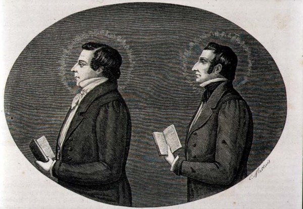 (एलटीओआर) जोसफ स्मिथ (1805-44) मॉर्मन चर्च के संस्थापक और उनके भाई हायरम, मार्ड्रिड में प्रकाशित 'ला वुल्टा अल मुंडो' से द्वारा स्पेनिश स्कूल