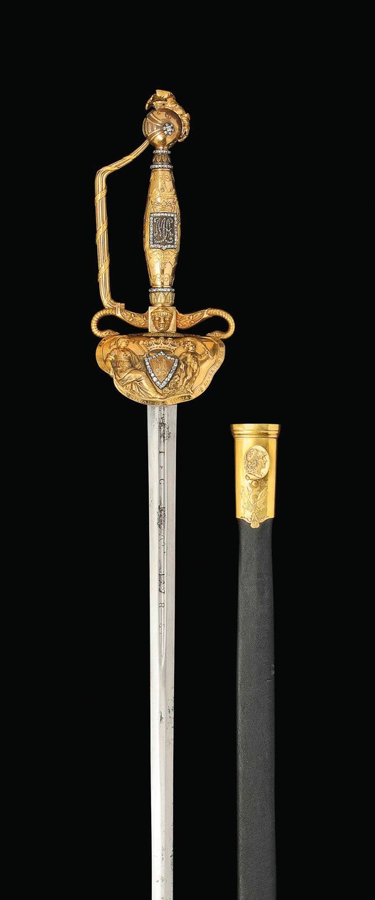 एक महत्वपूर्ण हीरा-सेट सोना-हिल्ड तलवार, c.1814-15 (स्टील, सोना और हीरे) द्वारा स्पेनिश स्कूल