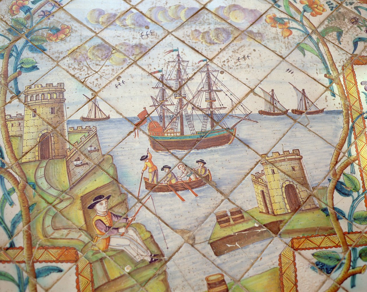 Azulejos टाइल्स (चीनी मिट्टी) के साथ एक बंदरगाह का चित्रण द्वारा स्पेनिश स्कूल