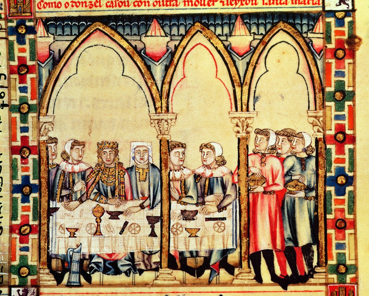 Fol.16v एंगेजमेंट भोज, अल्फोंसो एक्स द कास्ट किंग ऑफ कास्टेल और लियोन के निर्देशन में बनाई गई पांडुलिपि से द्वारा स्पेनिश स्कूल