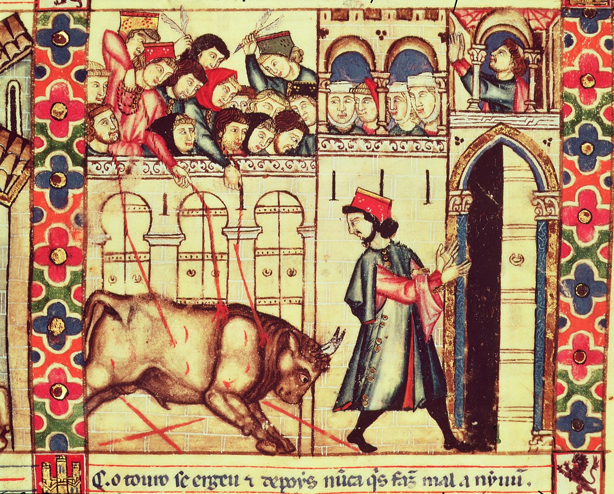 Fol.200r अल्फोंसो एक्स द वाइज किंग ऑफ कैस्टिल और लियोन के निर्देशन में बनाई गई पांडुलिपि से अंगूठी में एक बैल की मौत द्वारा स्पेनिश स्कूल
