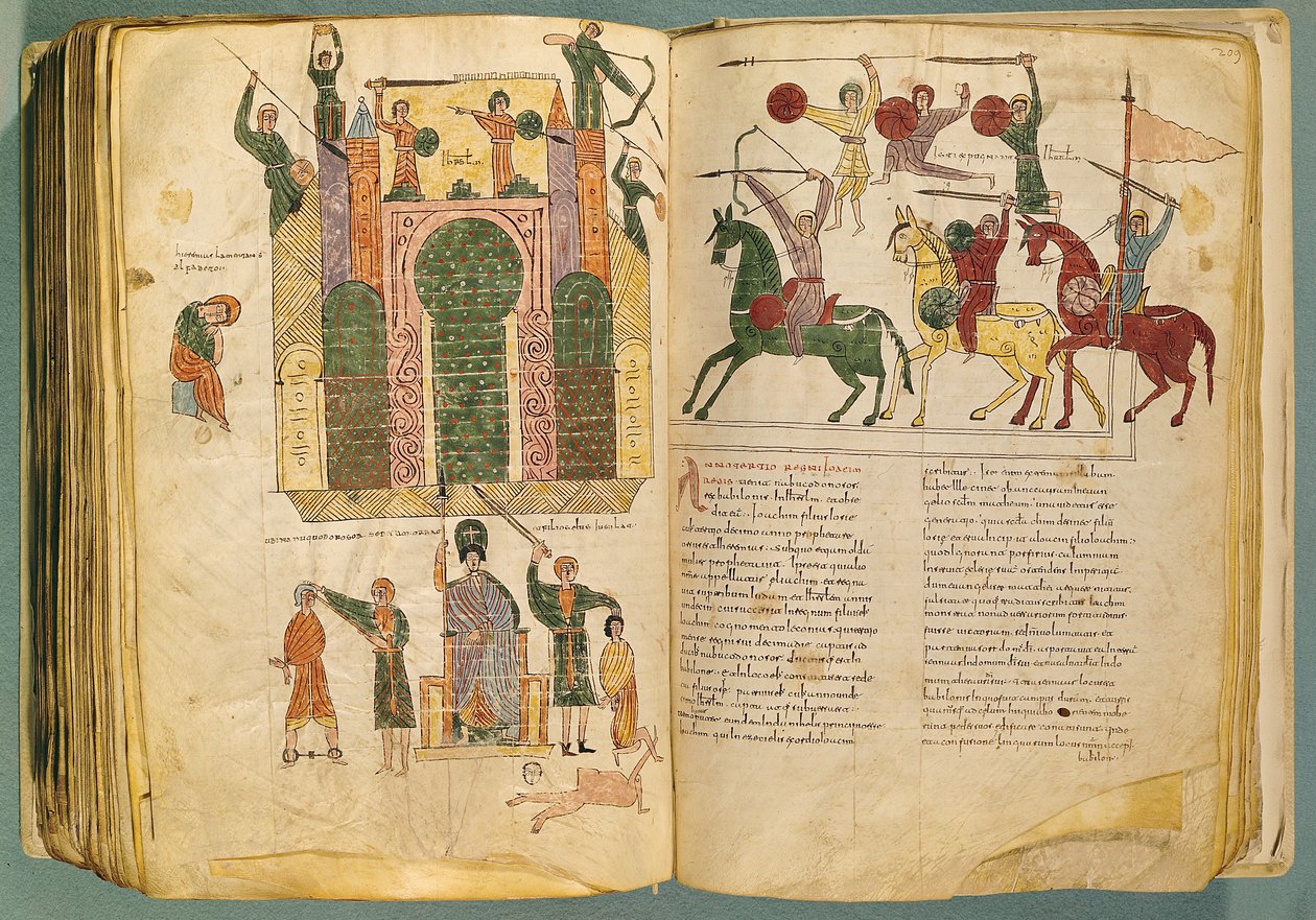 Fol.208 और 209v नबूकदनेस्सर द्वारा जेरूसलम पर हमला और लेना, मूल की प्रति लिबाना के भिक्षु बीटस द्वारा c.776 में, सर्वनाश पर टिप्पणी से, (10 वीं शताब्दी) द्वारा स्पेनिश स्कूल