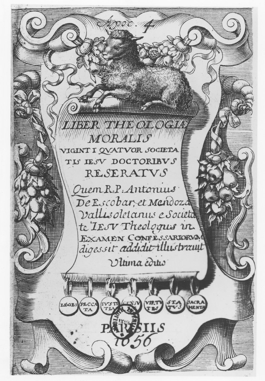 धर्मशास्त्र के लिए बुक frontispiece, एंटोनियो एस्कोबार y मेंडोज़ा द्वारा 1656 द्वारा स्पेनिश स्कूल