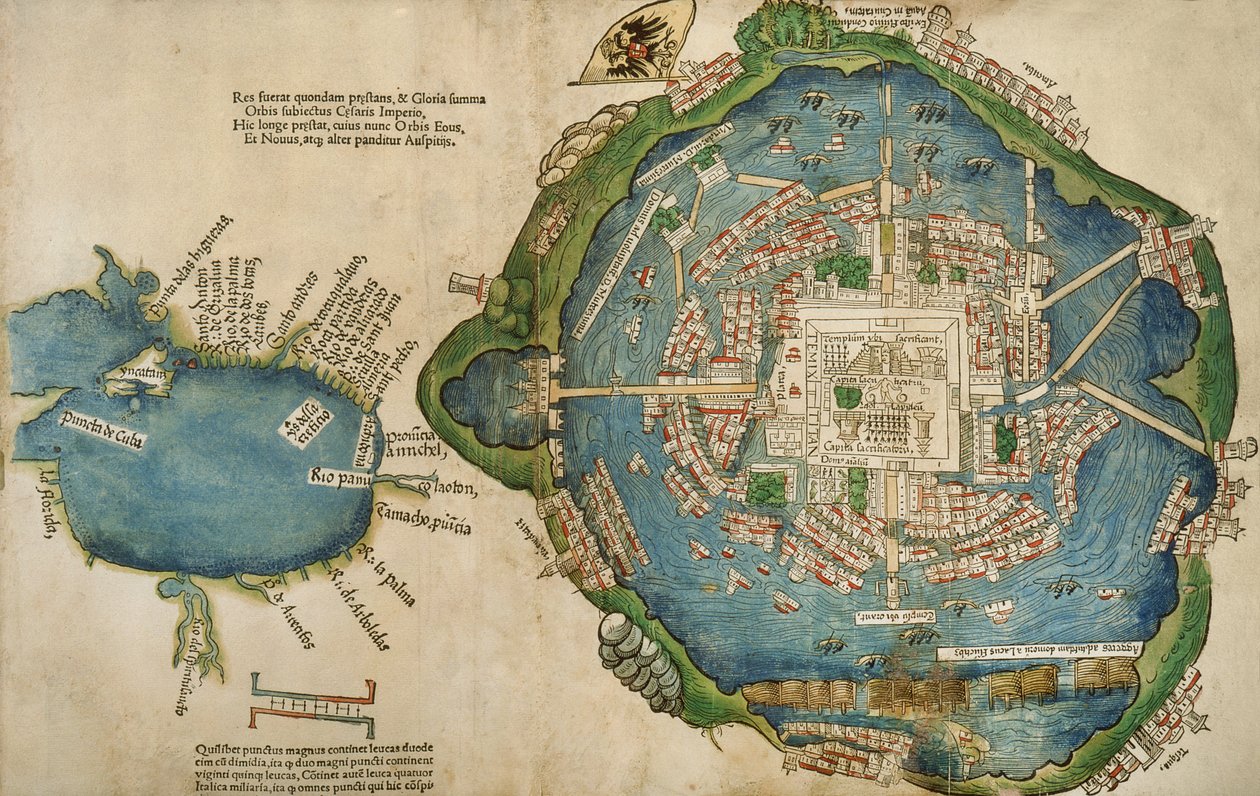 Tenochtitlan के एक नक्शा और मैक्सिको की खाड़ी, ठीक Ferdinadi Cortesi से Hernando कोर्टेस द्वारा (1485-1547) 1524 नई अटलांटिक महासागर स्पेन के बारे में बात द्वारा स्पेनिश स्कूल