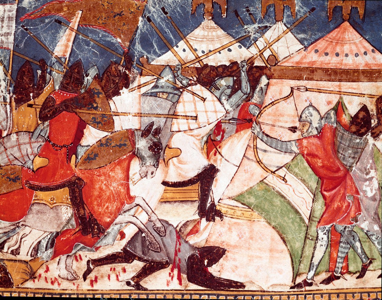 ट्रोजन युद्ध: ट्रोजन ने यूनानी योद्धाओं के सैन्य शिविर पर आक्रमण किया। स्पेनिश पांडुलिपि "कोडेक्स बेनिटो डी सांता मोरा" से एक लघु का विवरण द्वारा स्पेनिश स्कूल