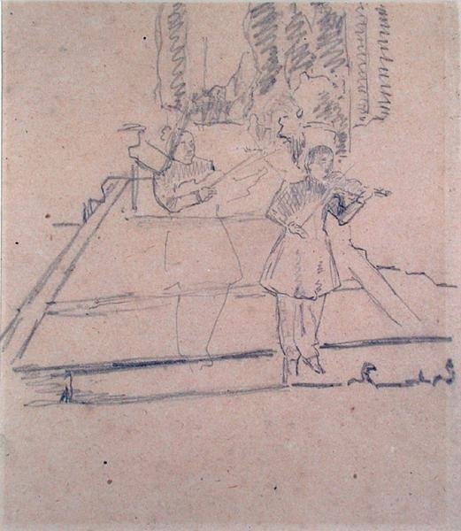 फुटलाइट्स में संगीतकार, c.1910 (बफ़ पेपर पर पेंसिल) द्वारा स्पेंसर फ्रेडरिक गोर