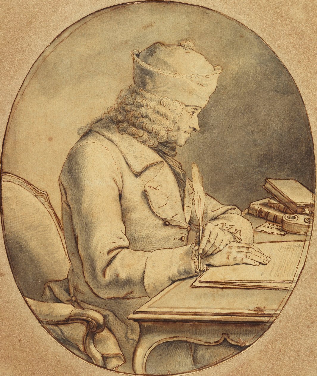 वोल्टेयर ने एक टोपी पहने हुए डेस्क पर बैठा, प्रोफ़ाइल में बाईं ओर, c.1765 द्वारा स्टानिस्लास जीन