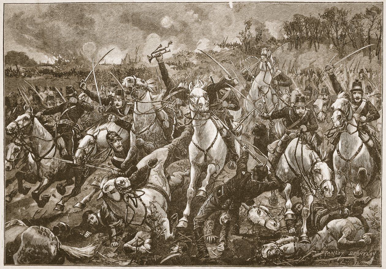 ढलान को चीरते हुए, स्क्वाड्रनों ने स्किरीशर्स की रेखा को तोड़ दिया, आर्चीबाल्ड फोर्ब्स, जीए हेंटी और मेजर आर्थर ग्रिफिथ द्वारा &39;उन्नीसवीं शताब्दी की लड़ाई&39; से चित्रण द्वारा स्टेनली बर्कले