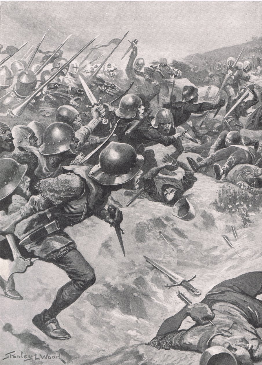 आर्सेर्स, चाकू, शॉर्ट कुल्हाड़ी और खंजर के लिए अपनी धनुष को त्यागते हैं, कैवेलरी के साथ घुलमिल जाते हैं, कैसल, लंदन द्वारा प्रकाशित &39;ब्रिटिश बैटल ऑन लैंड एंड सी&39; का चित्रण, c.1910 द्वारा स्टेनली एल। वुड
