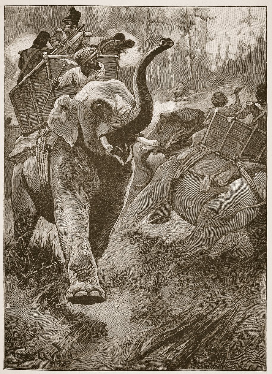 भयभीत हाथियों को जंगल के माध्यम से दुर्घटनाग्रस्त हो गया, आर्किबाल्ड फोर्ब्स, जीए हेंटी और मेजर आर्थर ग्रिफिथ्स द्वारा &39;उन्नीसवीं शताब्दी की लड़ाई&39; से चित्र द्वारा स्टेनली एल। वुड