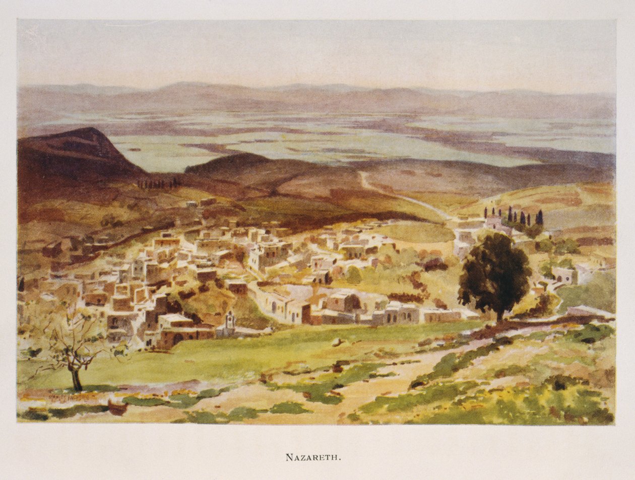 फ़िलिस्तीन 1906 में नाज़रेथ का चित्रण करते हुए स्टैनली इनचबॉल्ड द्वारा जल रंग द्वारा स्टेनली इंचबोल्ड