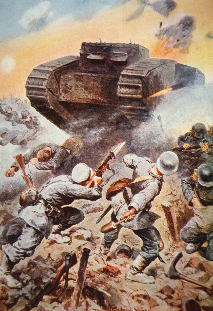 WWI . में पश्चिमी मोर्चे पर जर्मनों के खिलाफ कार्रवाई में ब्रिटिश टैंक द्वारा स्टेनली एल (बाद में) लकड़ी