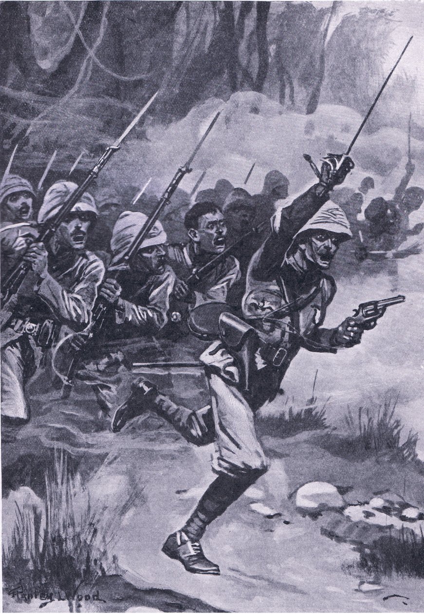 31 जनवरी 1874 को अमौफुल में अश्थियों को चार्ज करने वाले ब्रिटिश, लैंड एंड सी, 1915 में ब्रिटिश बैटल से चित्रण द्वारा स्टेनली एल। वुड