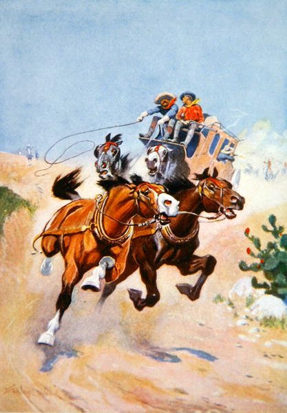 भारतीयों द्वारा पीछा किया जाने वाला स्टेजकोच (कलर लिथो) द्वारा स्टेनली एल। वुड