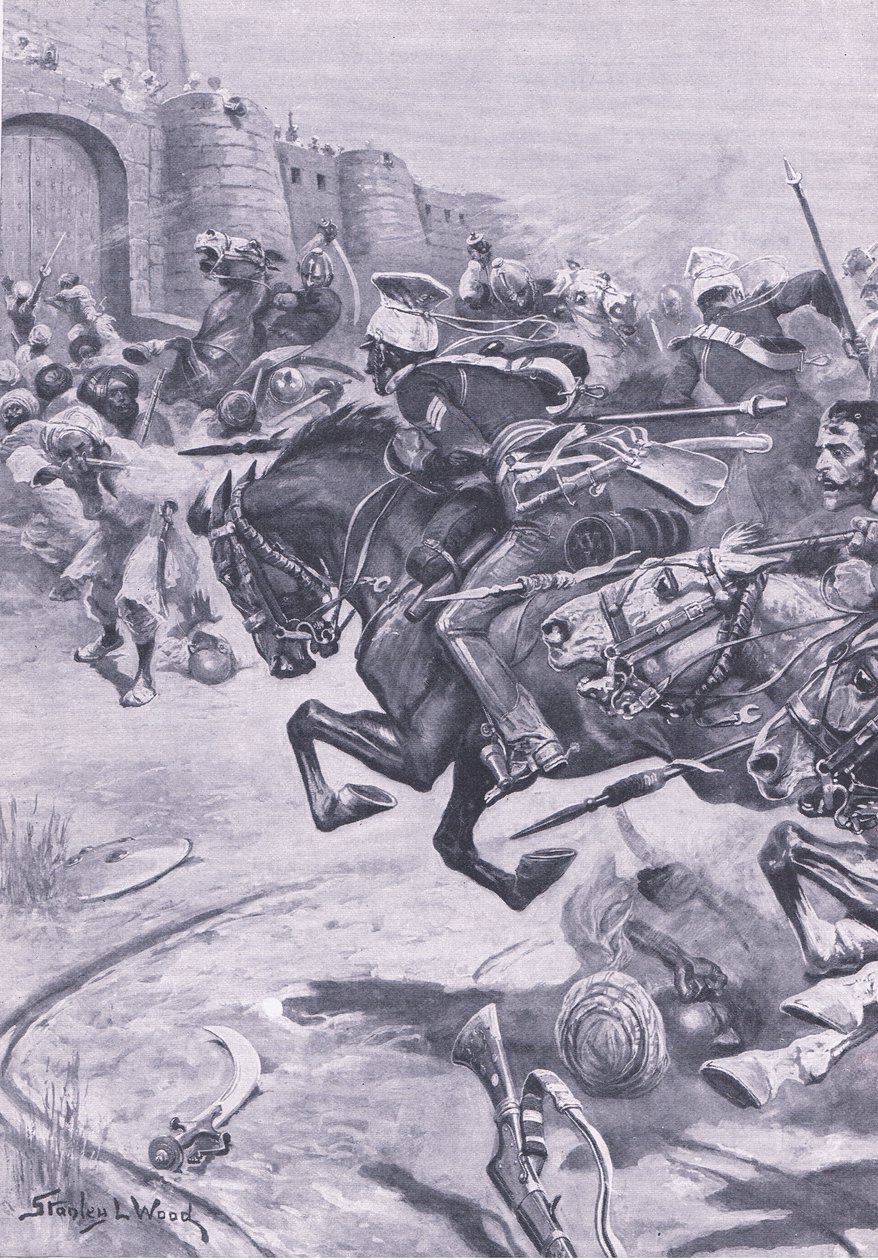 भरतपुर में जाटों को चलाने वाला 16 वां लांसर्स एंड स्किनर्स हॉर्स; दिसंबर 1825, 1915 में ब्रिटिश बैटल ऑन लैंड एंड सी का चित्रण द्वारा स्टेनली एल। वुड