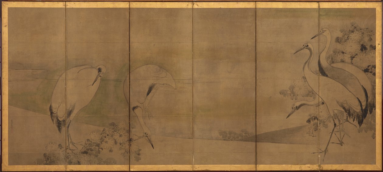 सारस और गुलदाउदी, मोमोयामा या ईदो काल, 1568-1868। द्वारा सोतात्सु