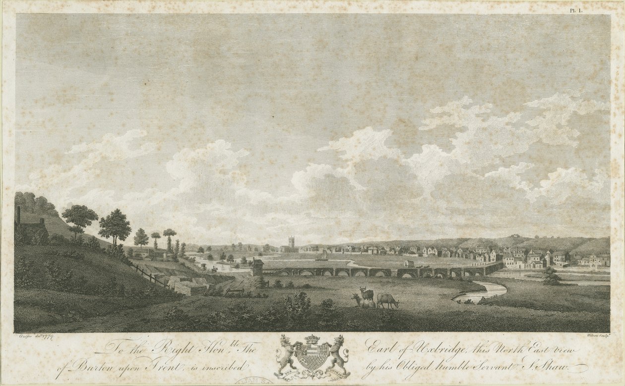 बर्टन-ऑन-ट्रेंट ब्रिज एंड टाउन: उत्कीर्णन, 1779 द्वारा स्टीबिंग शॉ