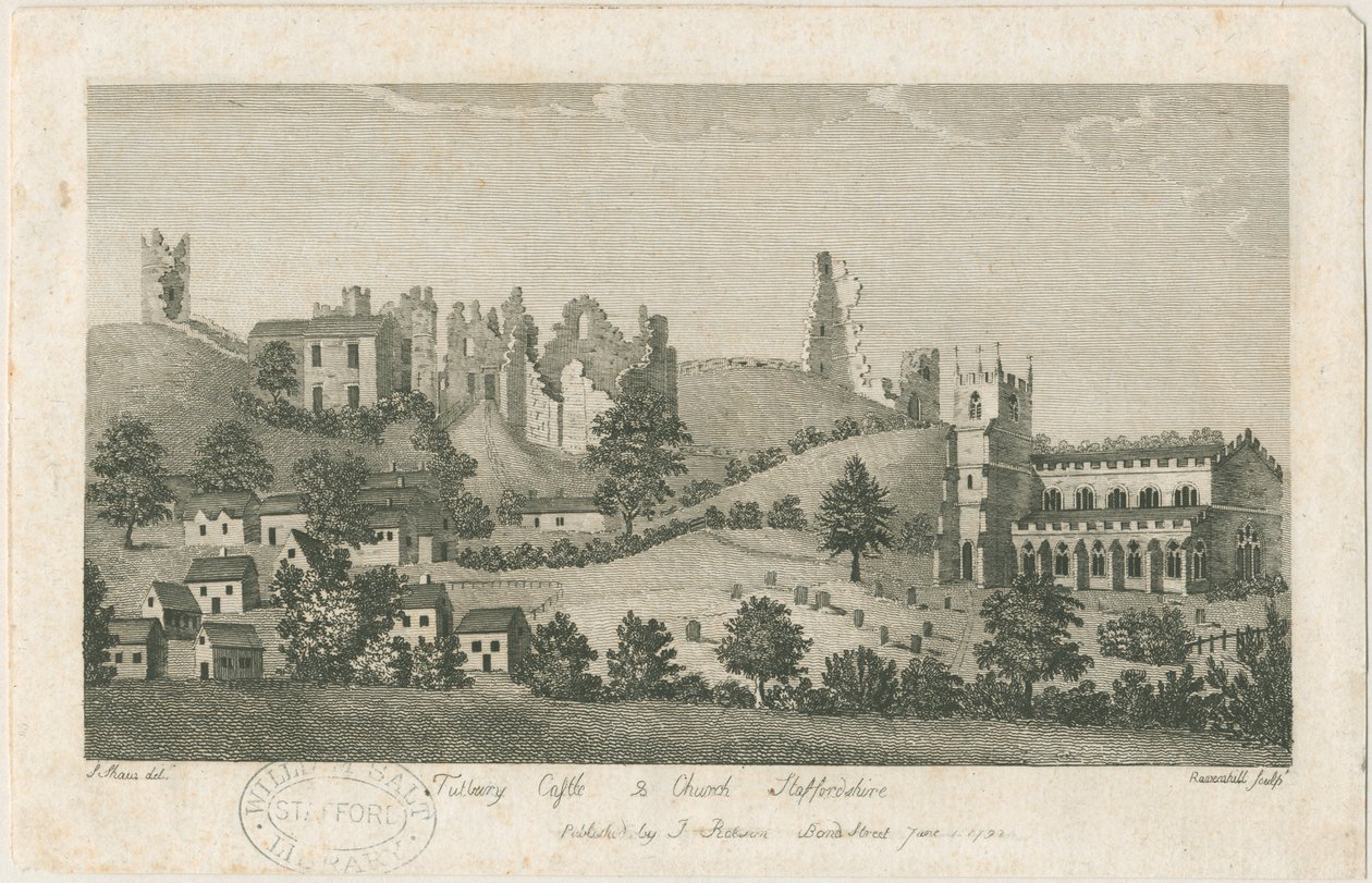 टटबरी कैसल एंड चर्च - साउथ ईस्ट व्यू: एनग्रेविंग, एनडी [1762-1792] (प्रिंट) द्वारा स्टीबिंग शॉ