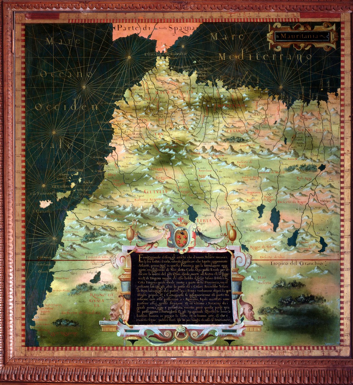 उत्तरी अफ्रीका (मोरक्को) और जिब्राल्टर का डेट्रॉइट नक्शा स्टेफानो बोन्सिग्नोरी (? -1589) इतालवी कॉस्मोग्राफर और चित्रकार द्वारा बनाया गया है। 1581 के आसपास। फ्लोरेंस, पलाज्जो वेक्चिओ, साला डेल मप्पामोंडो द्वारा स्टेफ़ानो बूनसिग्नोरी