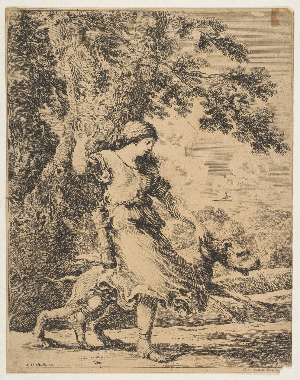 अपने कॉलर द्वारा एक बड़े कुत्ते को पकड़े हुए एक अप्सरा, ca. 1654. द्वारा स्टेफानो डेला बेला