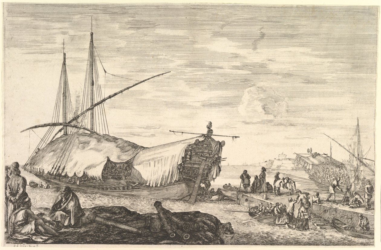 एक गैली बाएं, छह तोपों और चार लोगों को अग्रगामी में छोड़ दिया गया ..., ca. 1652-1657। द्वारा स्टेफानो डेला बेला
