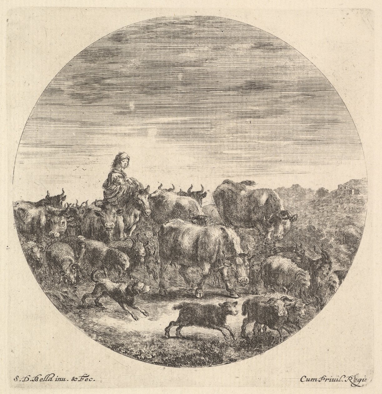 एक किसान महिला बाईं ओर घोड़े पर बैठी, दाईं ओर, fc के झुंड से घिरी ..., ca. 1643-1648। द्वारा स्टेफानो डेला बेला